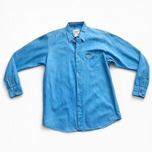 Vintage Woolrich Denim Button Down Shirt Mens Large Blue USA Outdoor